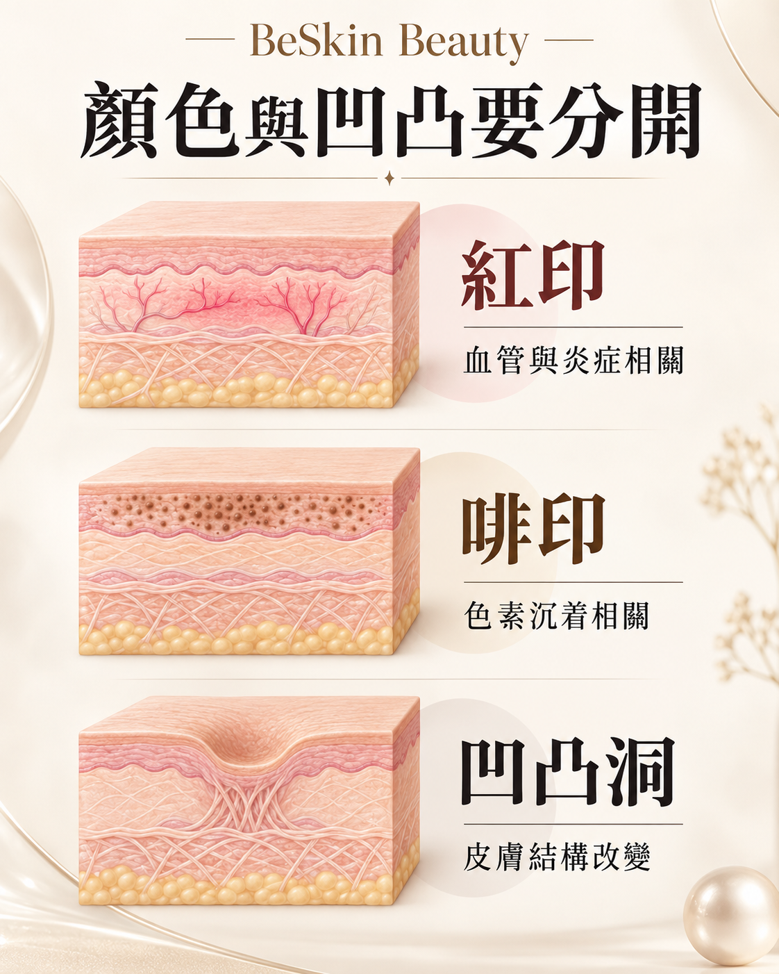 紅印的血管炎症、啡印的色素沉着及凹凸洞的結構改變示意