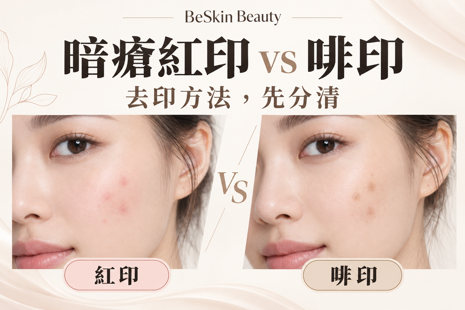 紅色及啡色暗瘡印的兩種外觀示意，並非療程前後對比