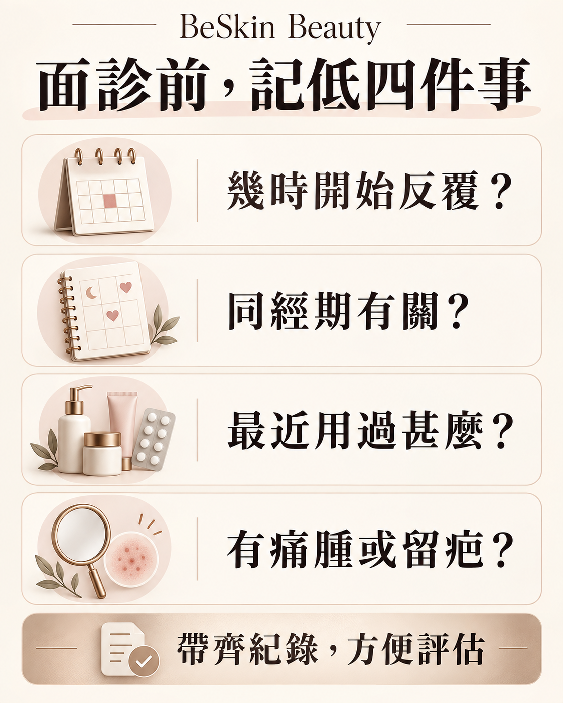 下巴暗瘡面診前記錄發作時間、經期關係、使用產品及痛腫留疤