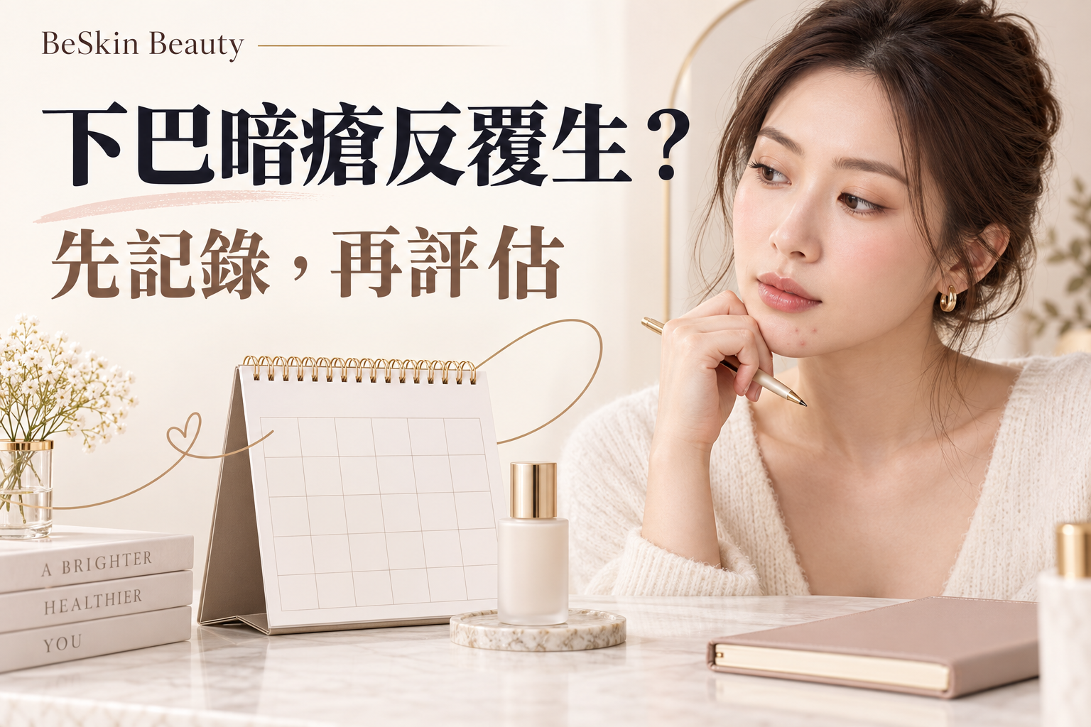 成年女性與月曆的下巴暗瘡觀察示意，提醒先記錄再評估