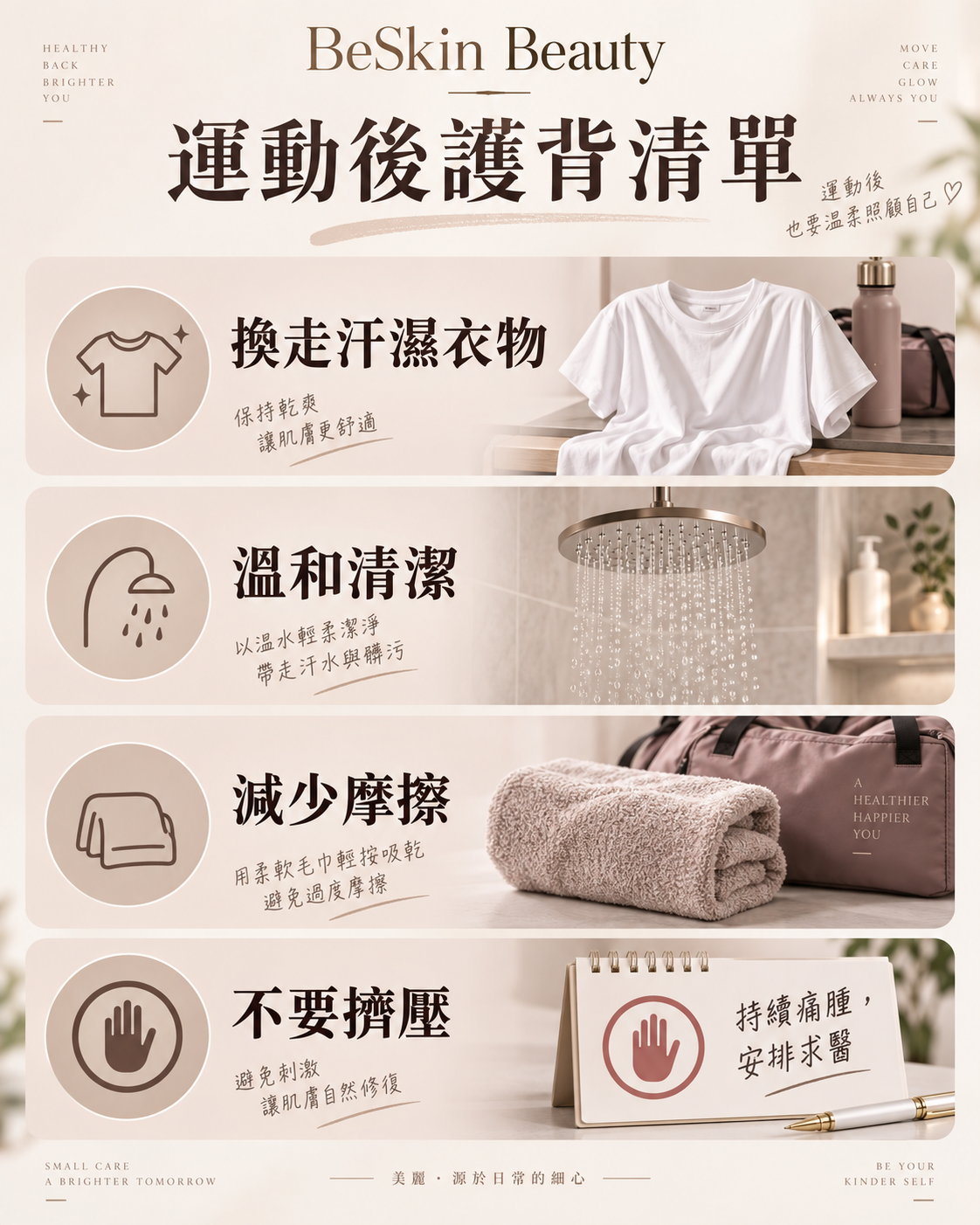 運動後護背清單：換走濕衣、溫和清潔、減少摩擦、不擠壓，持續痛腫安排求醫