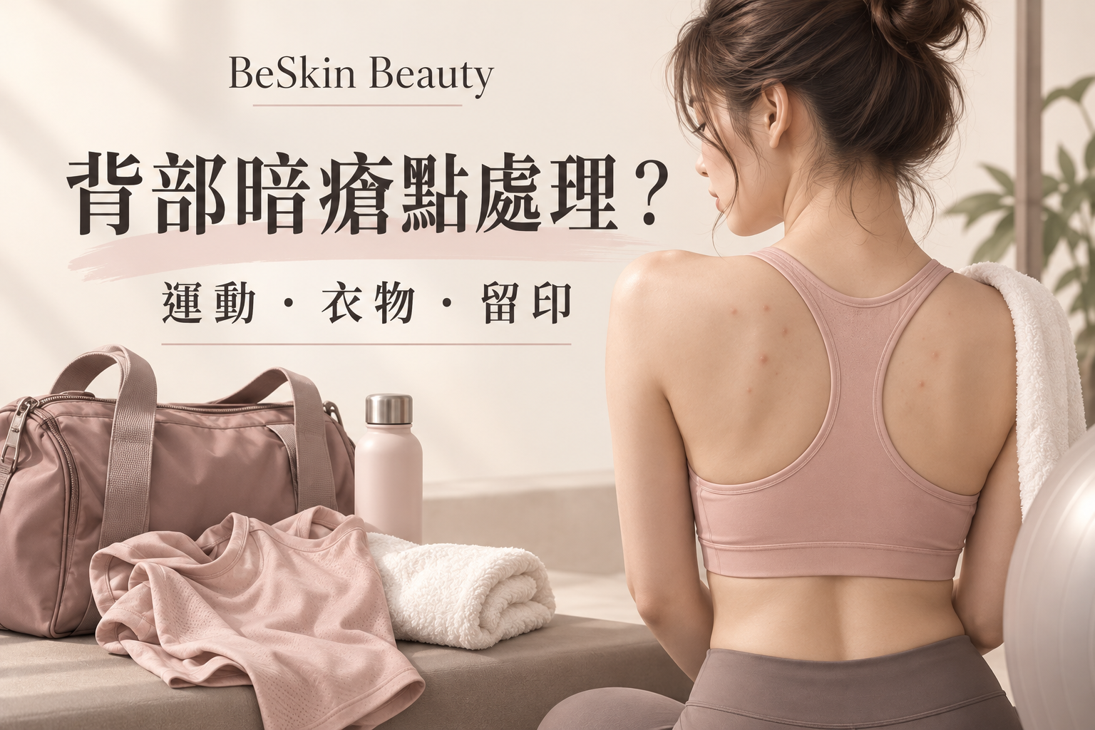 穿運動上衣的成年女性背部與乾淨衣物毛巾，示意運動相關護背習慣