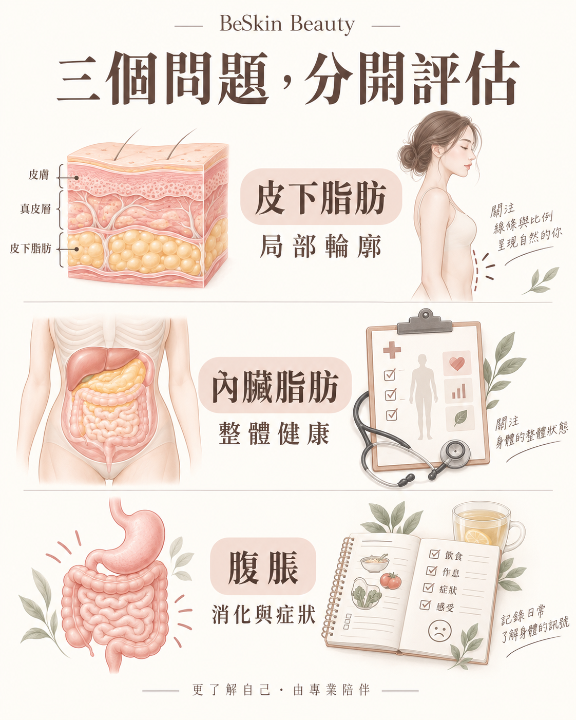 局部輪廓、代謝健康與消化症狀應分開評估的示意