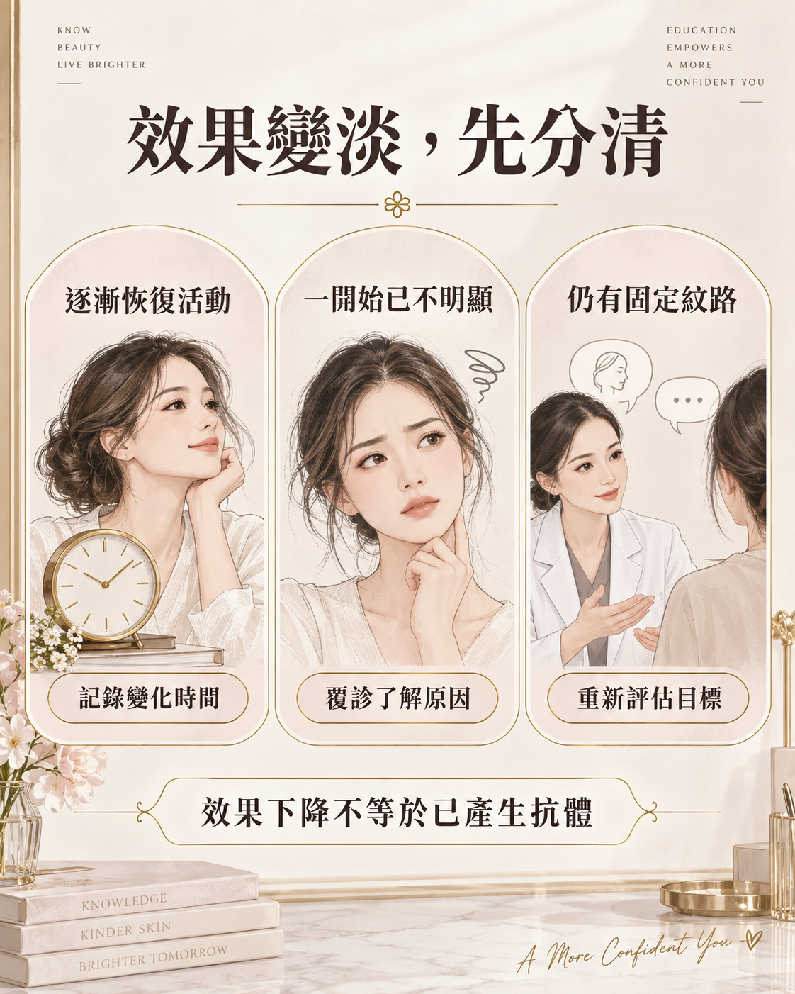 三個觀察方向:逐漸恢復活動、一開始已不明顯、仍有固定紋路;效果下降不等於已有抗體