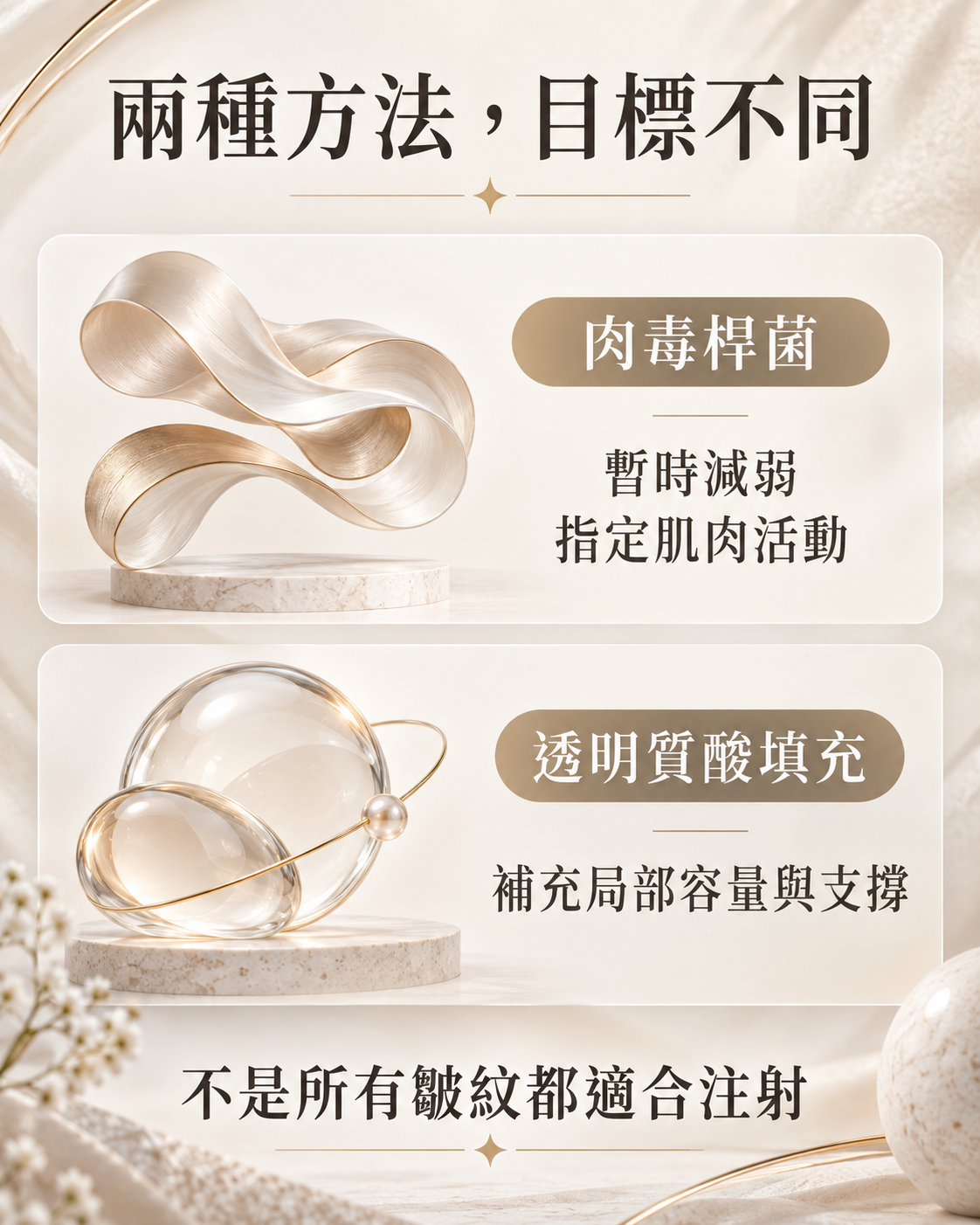 肉毒桿菌暫時減弱指定肌肉活動，透明質酸填充補充局部容量與支撐；不是所有皺紋都適合注射