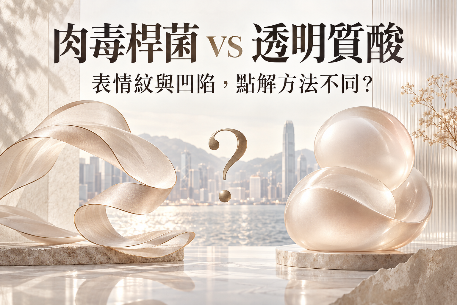 以流動絲帶及圓潤玻璃雕塑象徵肌肉活動與容量，提出肉毒桿菌和透明質酸如何選擇的問題