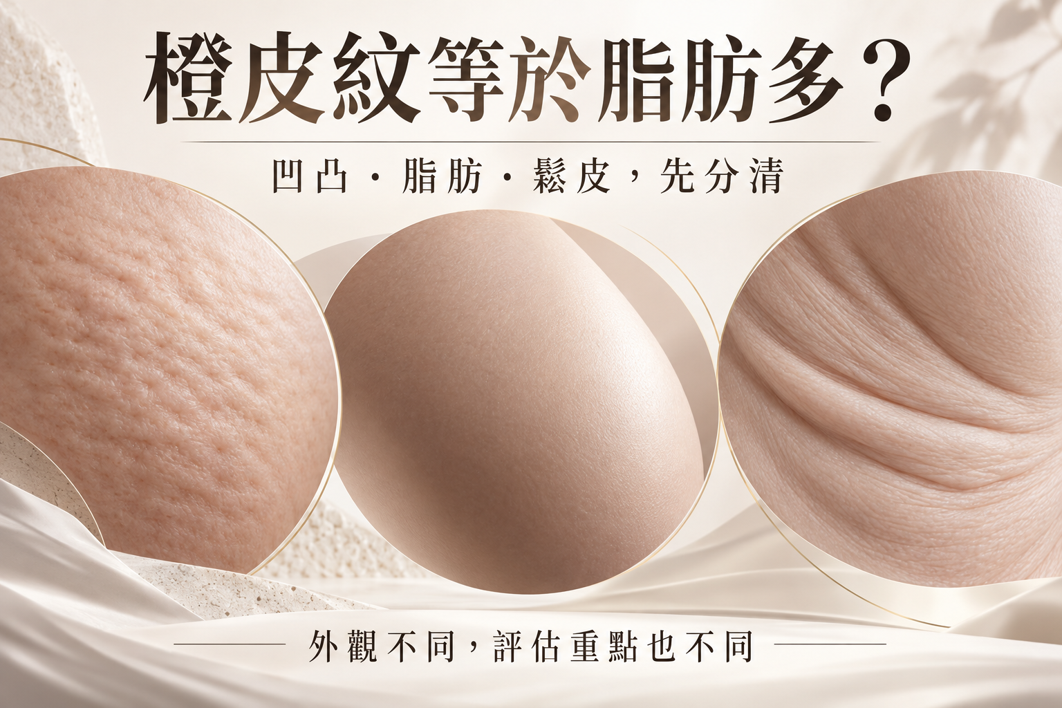 三種皮膚表面示意，提出橙皮紋是否等於脂肪多的問題