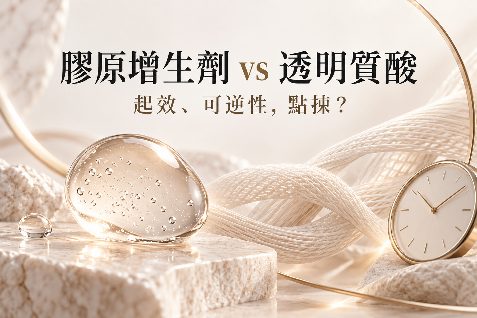 凝膠、水滴、編織纖維與時鐘的概念畫面，比較膠原增生劑與透明質酸