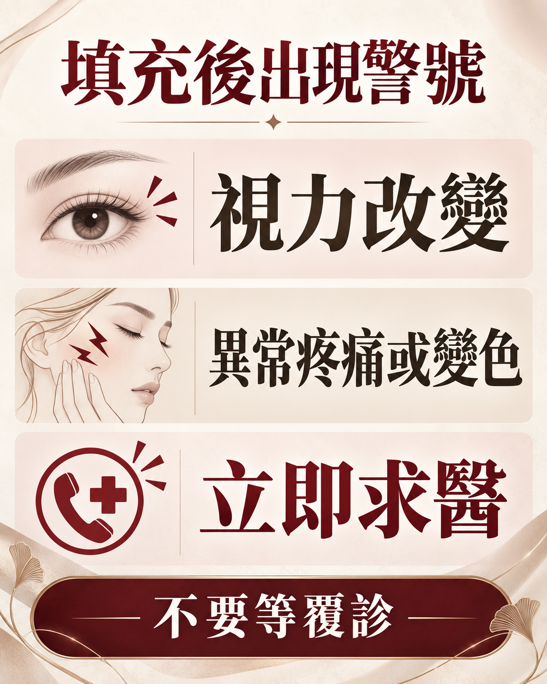 填充後若視力改變、異常疼痛或變色，應立即求醫，不要等覆診