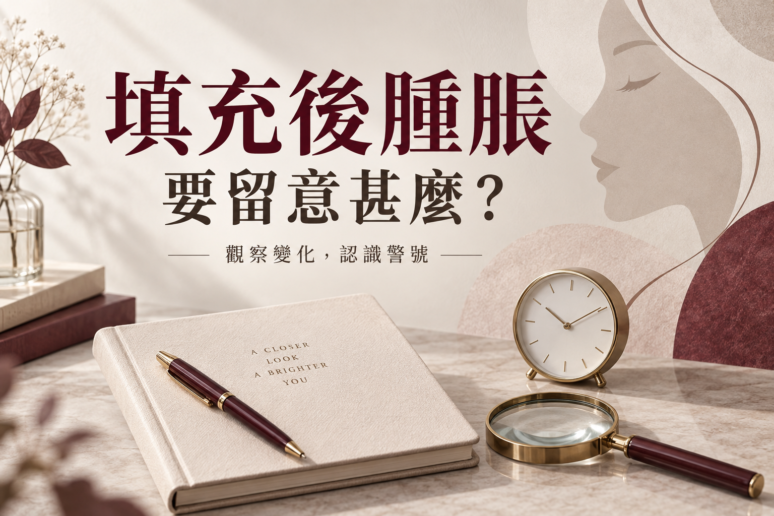 記事簿、時鐘與放大鏡插畫，提示填充後腫脹要觀察變化及認識警號