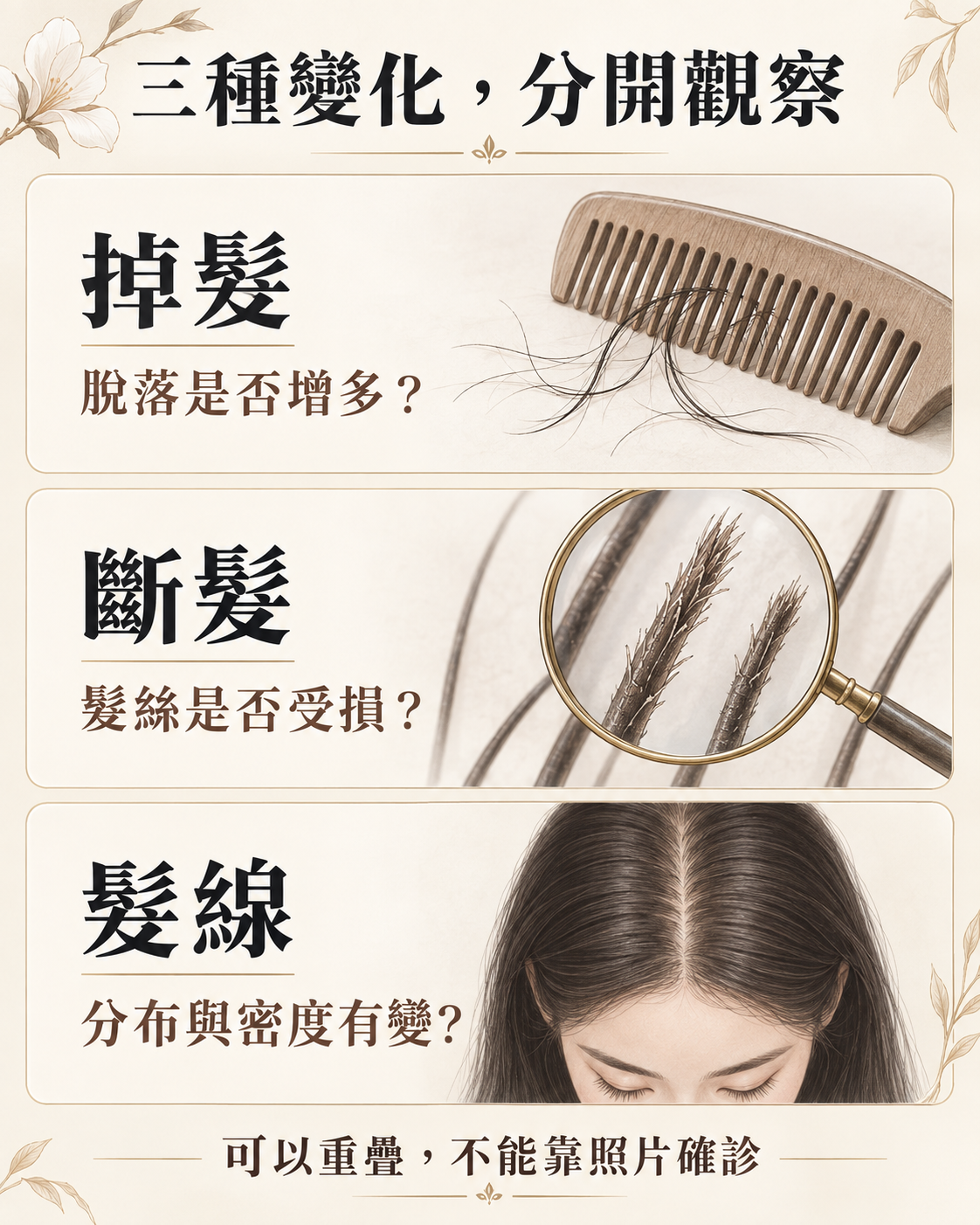 掉髮觀察脫落變化、斷髮留意髮絲受損、髮線留意分布與密度的三欄示意