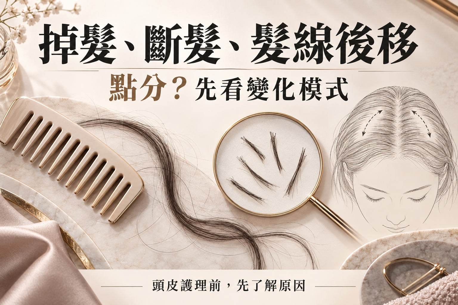梳子、不同長度髮絲與髮線觀察插圖，提醒先分清頭髮變化