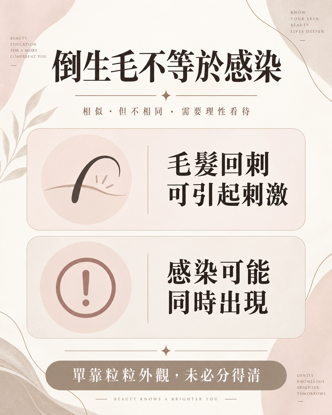 倒生毛不等於感染：毛髮回刺可引起刺激，感染也可能同時出現，單靠粒粒外觀未必分得清