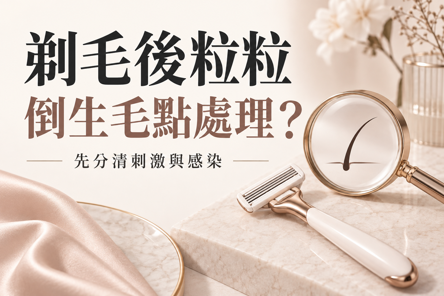 剃刀與放大鏡內毛髮的概念插圖，提醒剃毛後粒粒要先分清刺激與感染