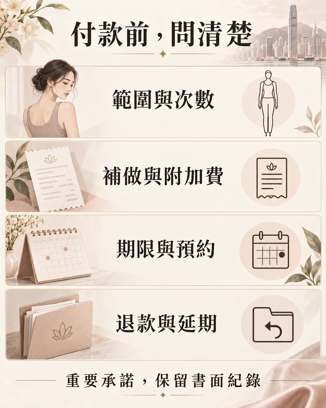 付款前確認範圍與次數、補做與附加費、期限與預約、退款與延期