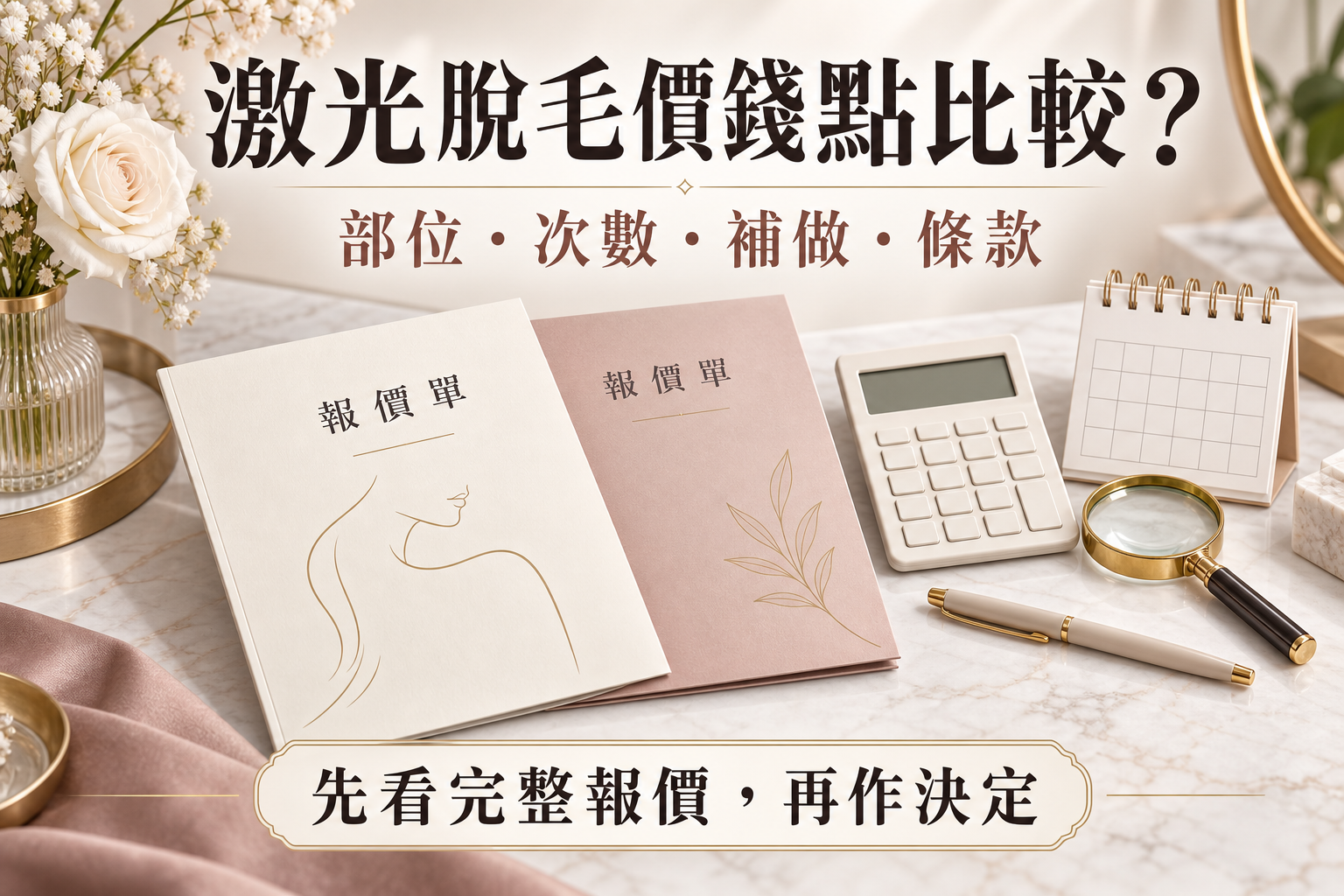 報價單、計算機和放大鏡，提醒比較脫毛部位、次數、補做及條款