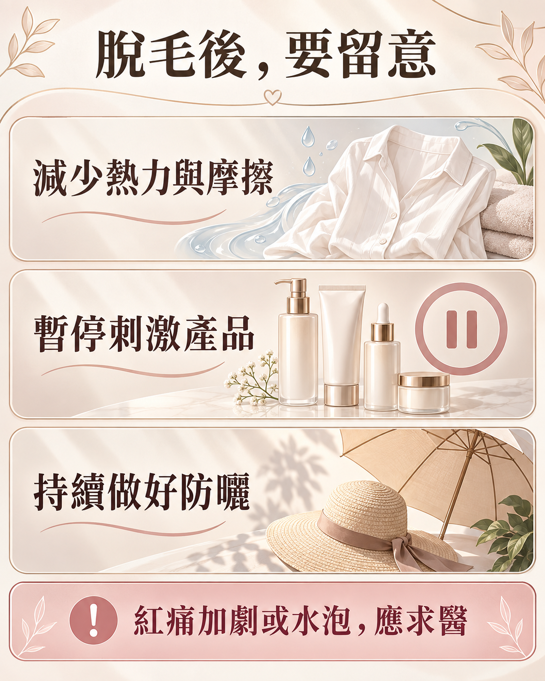 脫毛後護理清單:減少熱力與摩擦、暫停刺激產品、持續防曬;紅痛加劇或水泡應求醫