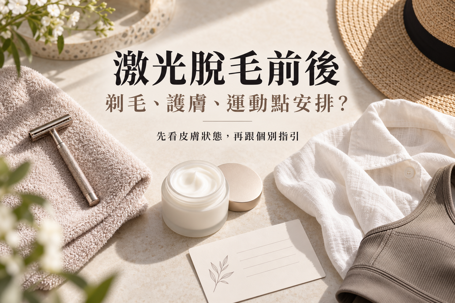 剃刀、毛巾、潤膚霜和寬鬆衣物平鋪，提示激光脫毛前後準備