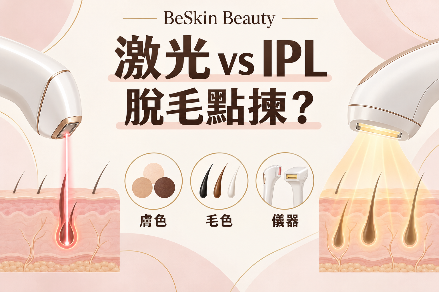 激光與 IPL 脫毛概念圖，提示先比較膚色、毛色與儀器