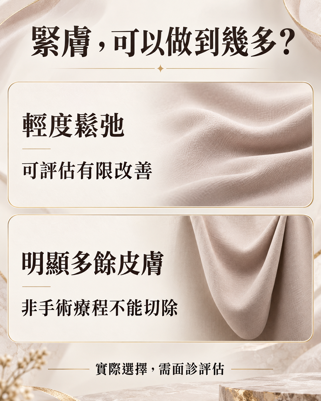 輕度鬆弛可以評估有限改善,明顯多餘皮膚不能靠非手術療程切除