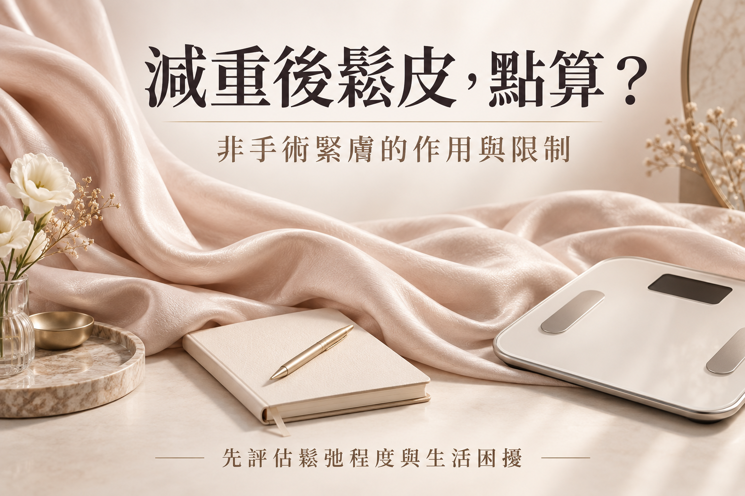 減重後鬆皮評估主題，配以柔和布料摺痕與健康紀錄插畫