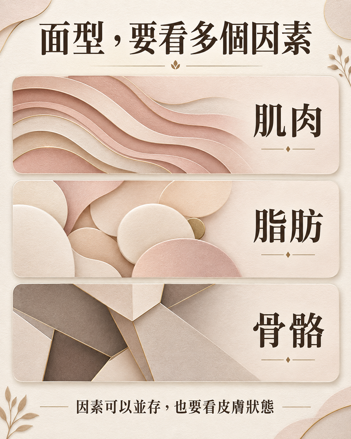 面型評估的肌肉、脂肪、骨骼三種因素，並提醒因素可並存及要看皮膚狀態