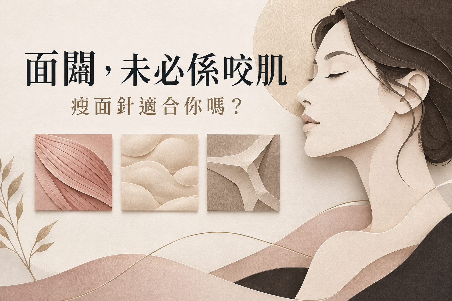 紙雕面部輪廓與三種組織概念材質，提醒面闊未必是咬肌造成