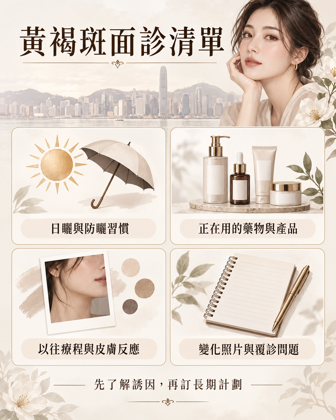 黃褐斑面診清單：日曬防曬、藥物產品、以往療程反應，以及照片和覆診問題