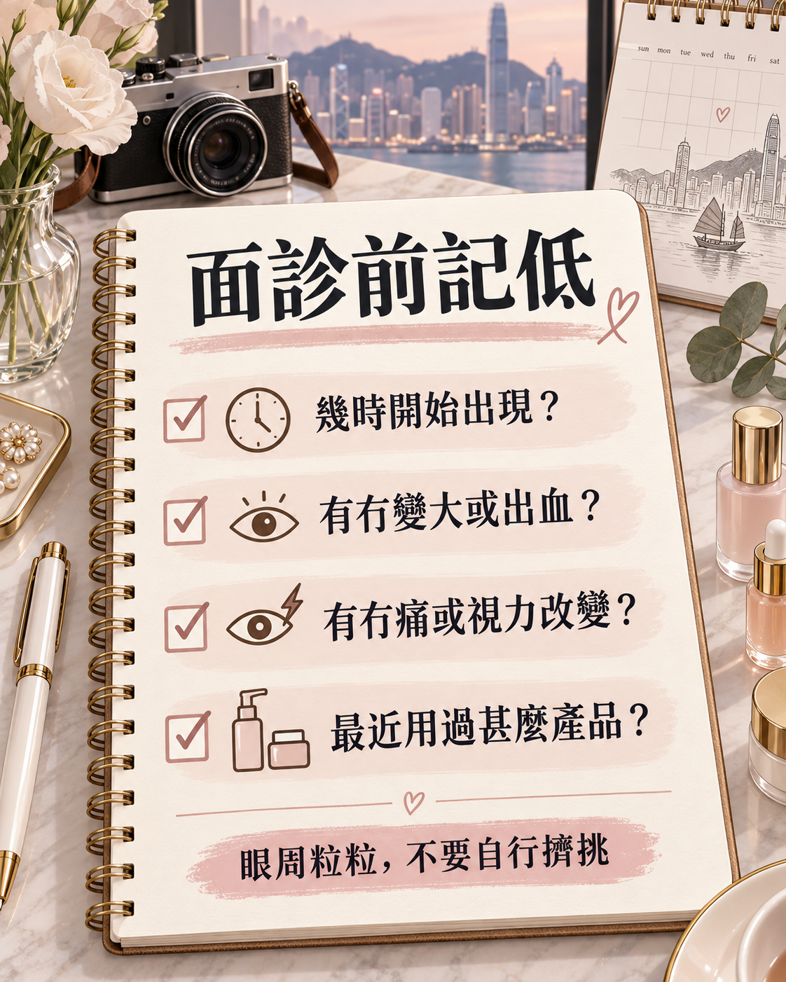眼周粒粒面診記錄：開始時間、變大或出血、疼痛或視力改變，以及近期使用產品