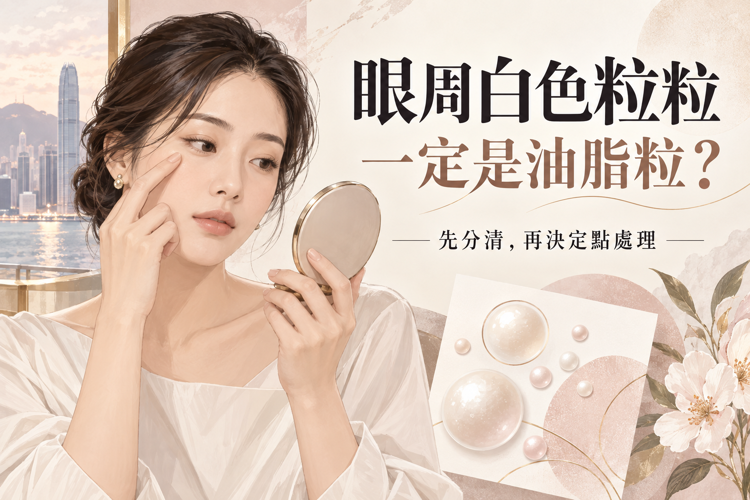 成年女性照鏡與珍珠概念圖，提出眼周白色粒粒是否油脂粒的問題