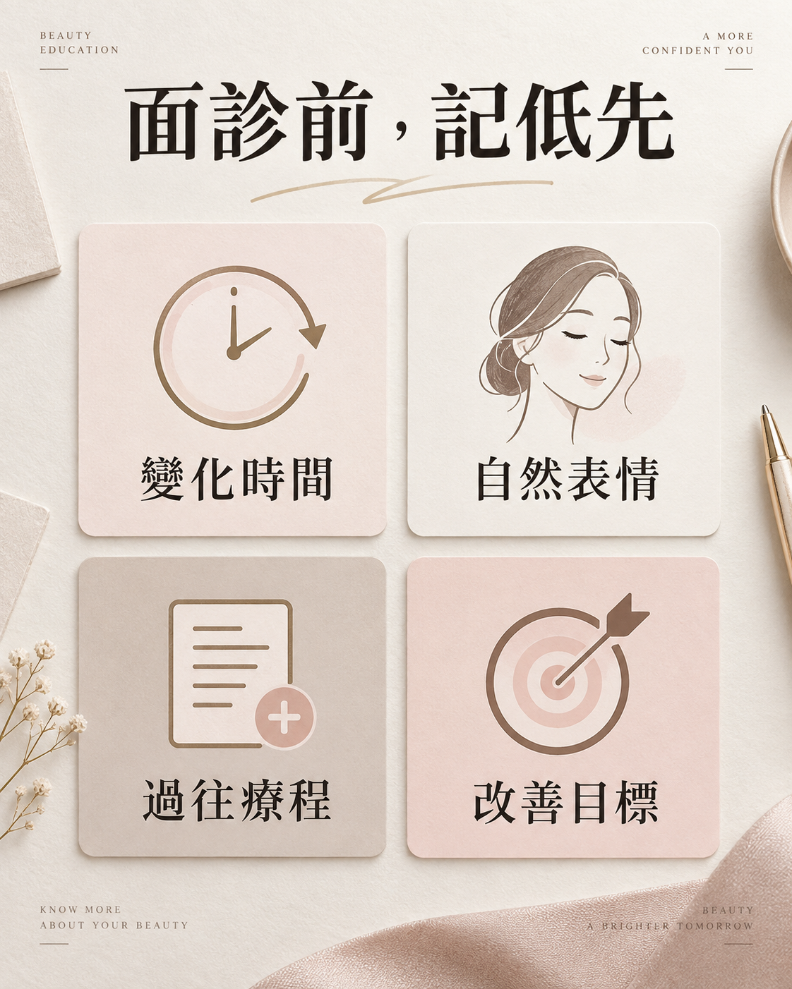 面診前記錄變化時間、自然表情與過往療程，並說明自己的改善目標
