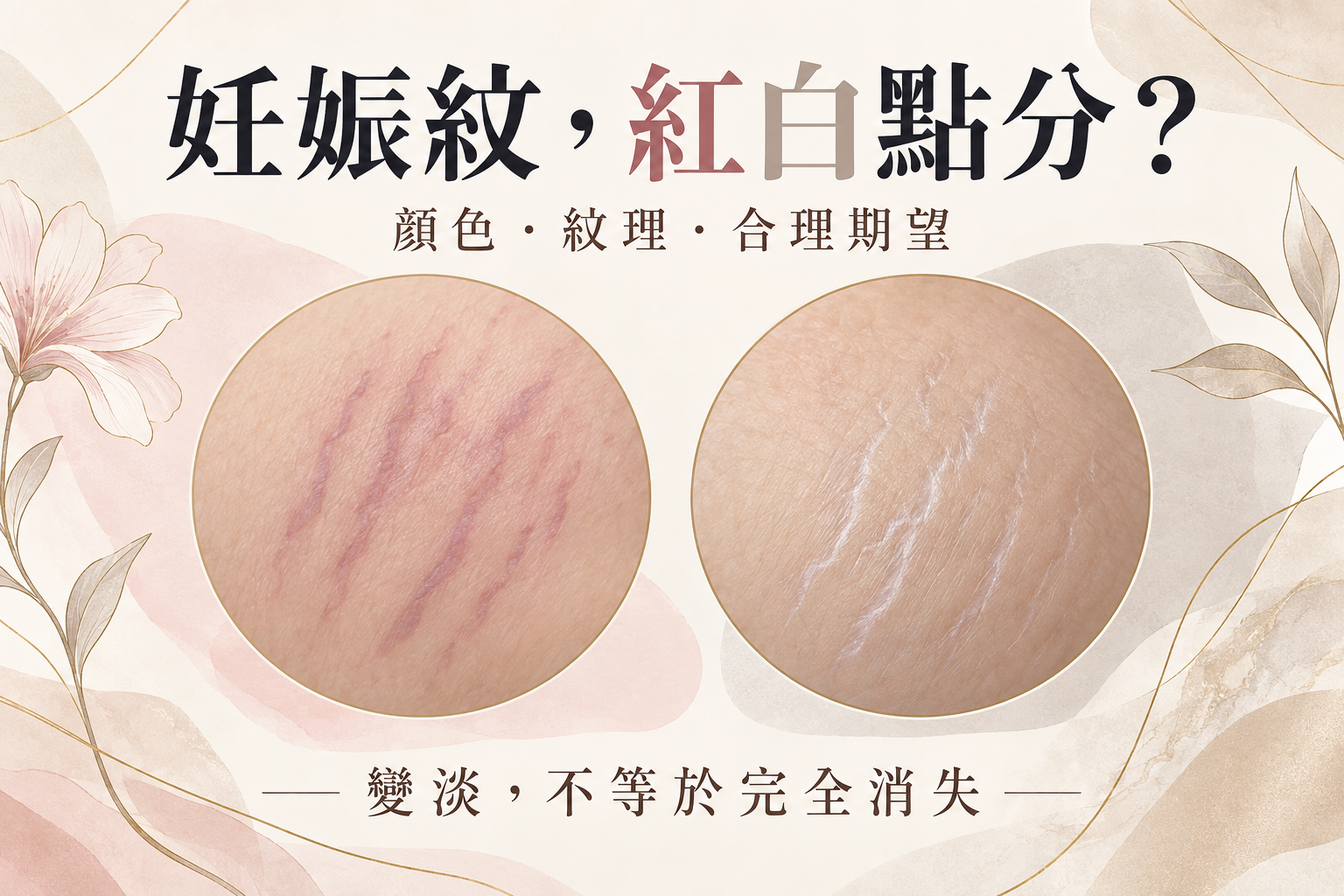 紅紫色與淡白色條狀紋路示意，說明妊娠紋不同階段
