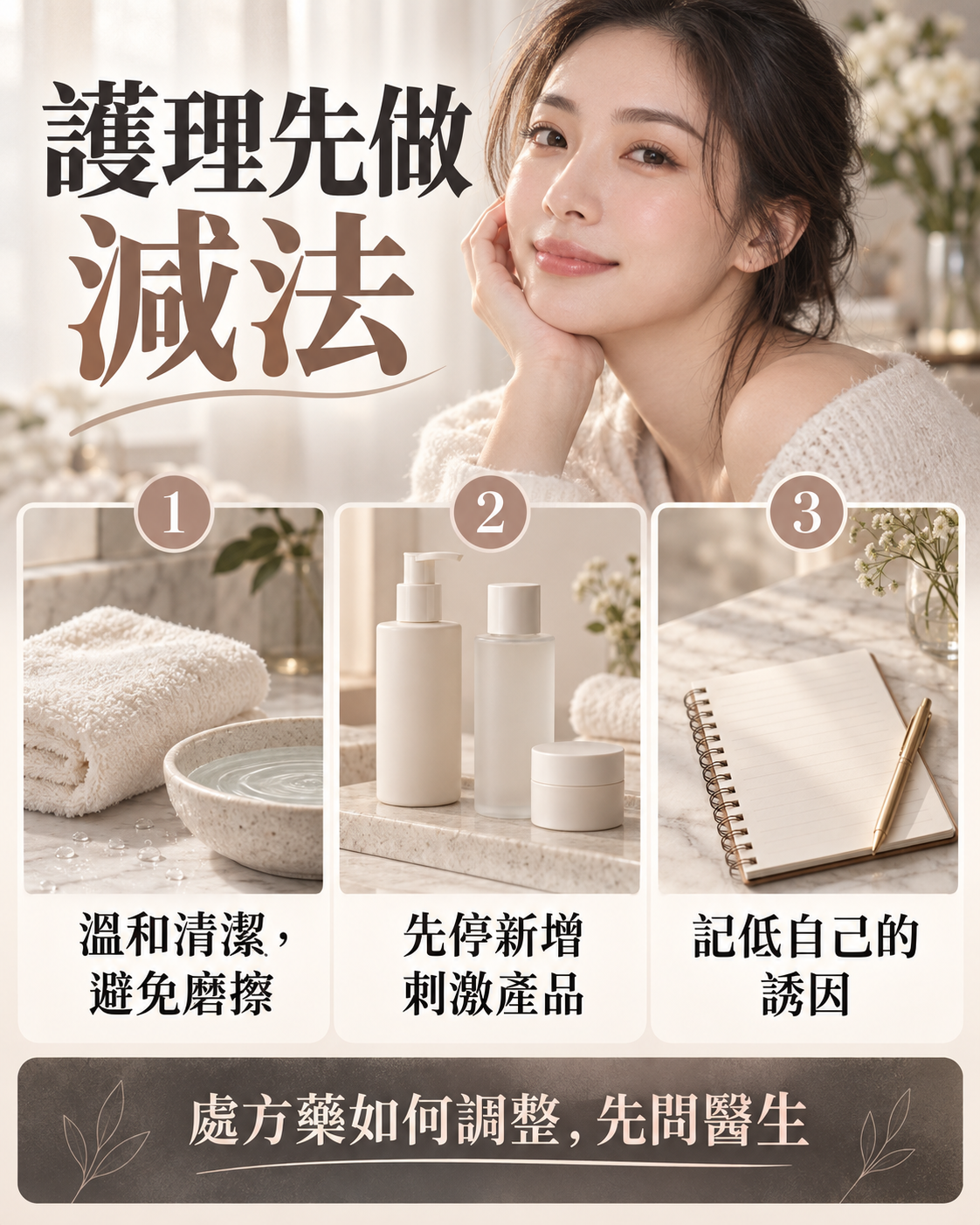 護理減法清單：溫和清潔避免摩擦、停新增刺激產品、記錄誘因，處方調整先問醫生