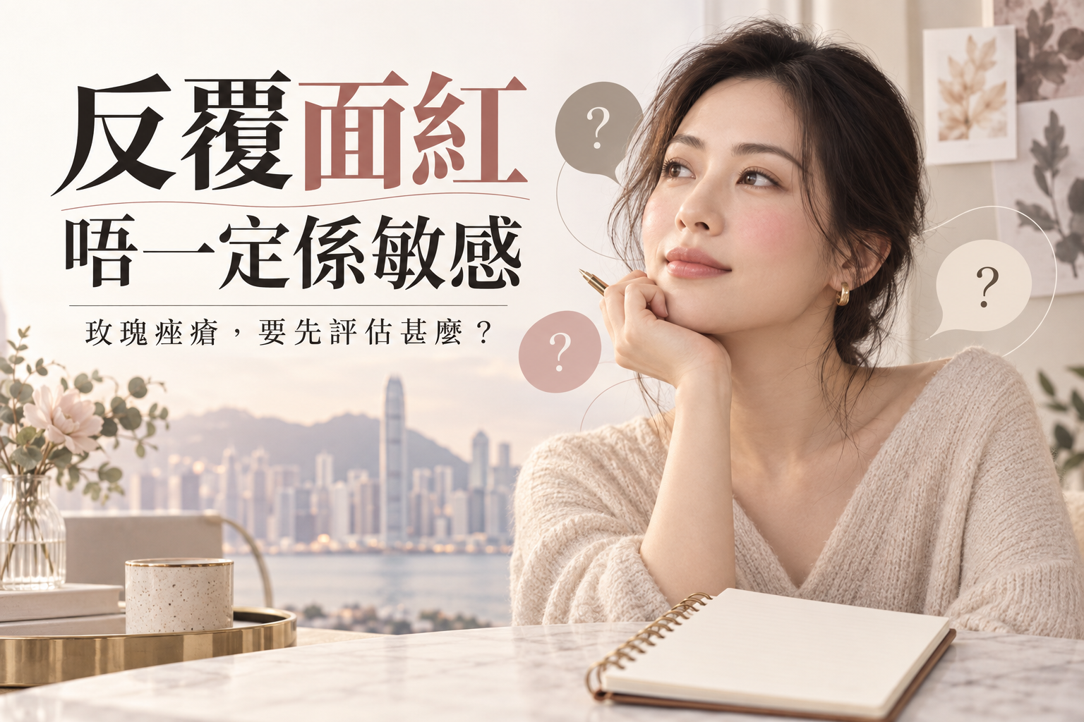 成年女性與問號、筆記本的概念插圖，提醒反覆面紅不一定只是敏感