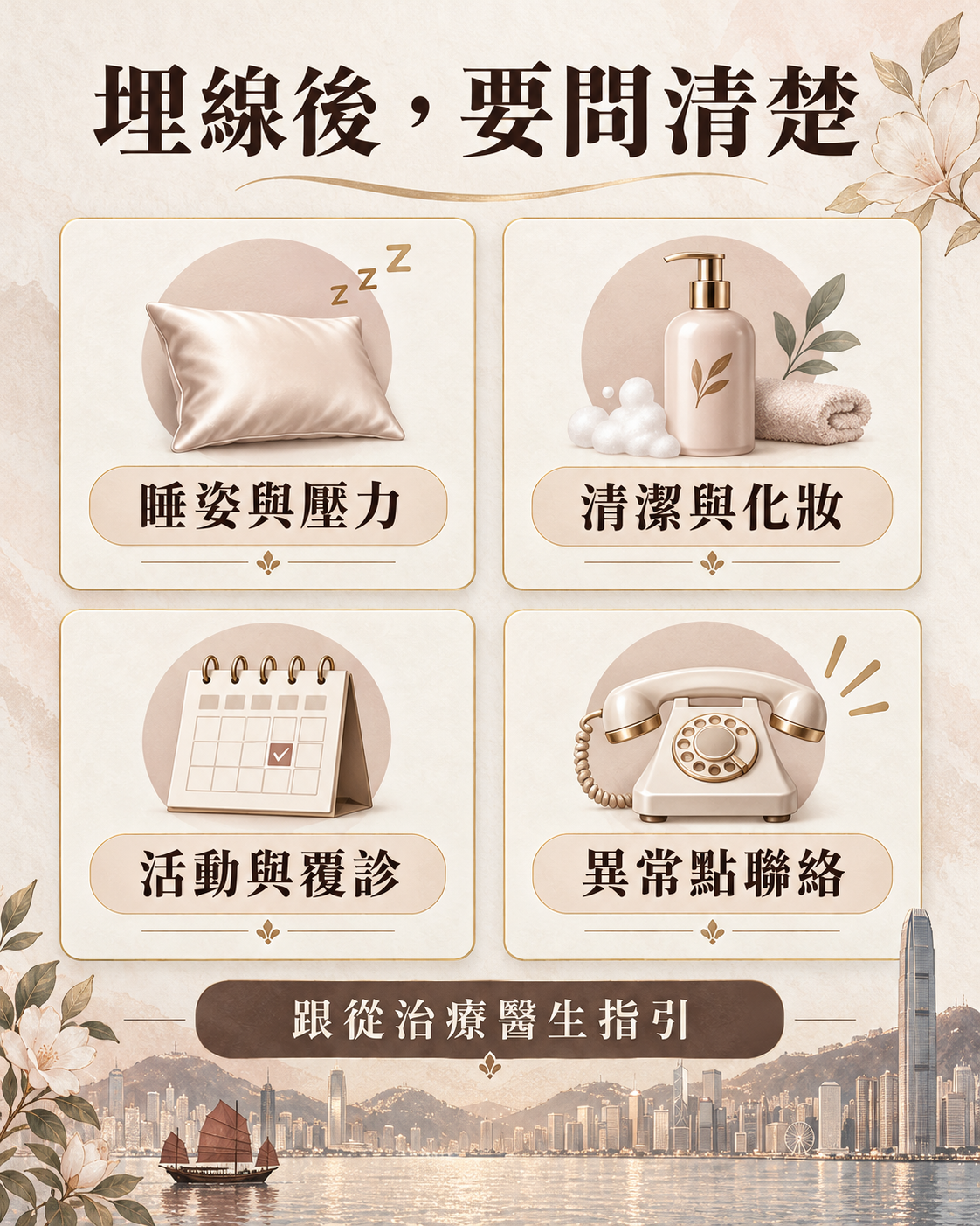 睡姿壓力、清潔化妝、活動覆診及異常聯絡的埋線後問題清單